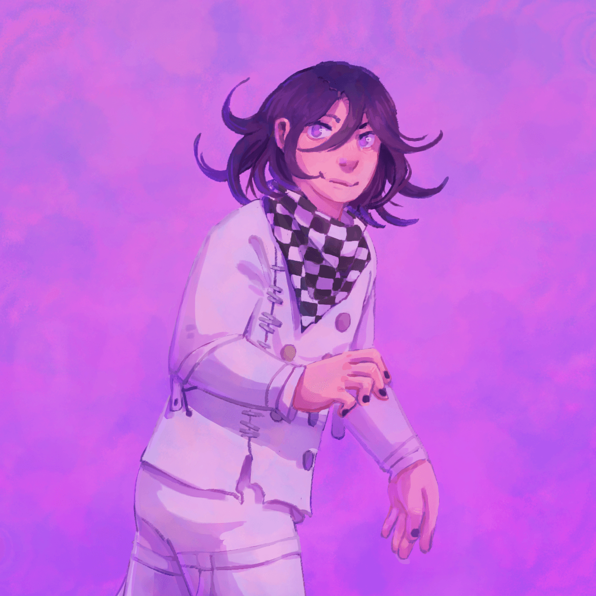 a drawing of kokichi in front of a light purple background, rendered in
		a somewhat painterly style